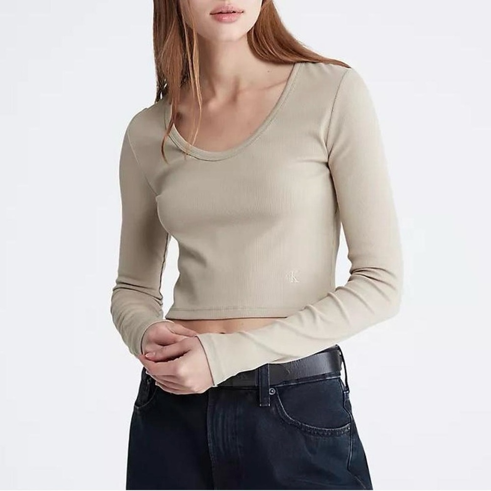 Calvin Klein Cotton Contour Ribbed Long Sleeve Crop Top - Beige